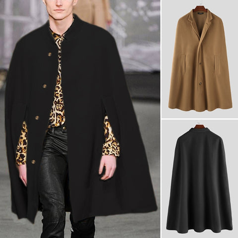 INCERUN Winter Fashion Men Cloak Coats Solid Streetwear Faux Blends Fleece Overcoat Stand Collar Trench Casual Jackets Cape 2020
