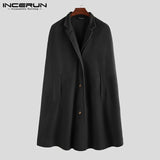 INCERUN Winter Fashion Men Cloak Coats Solid Streetwear Faux Blends Fleece Overcoat Stand Collar Trench Casual Jackets Cape 2020